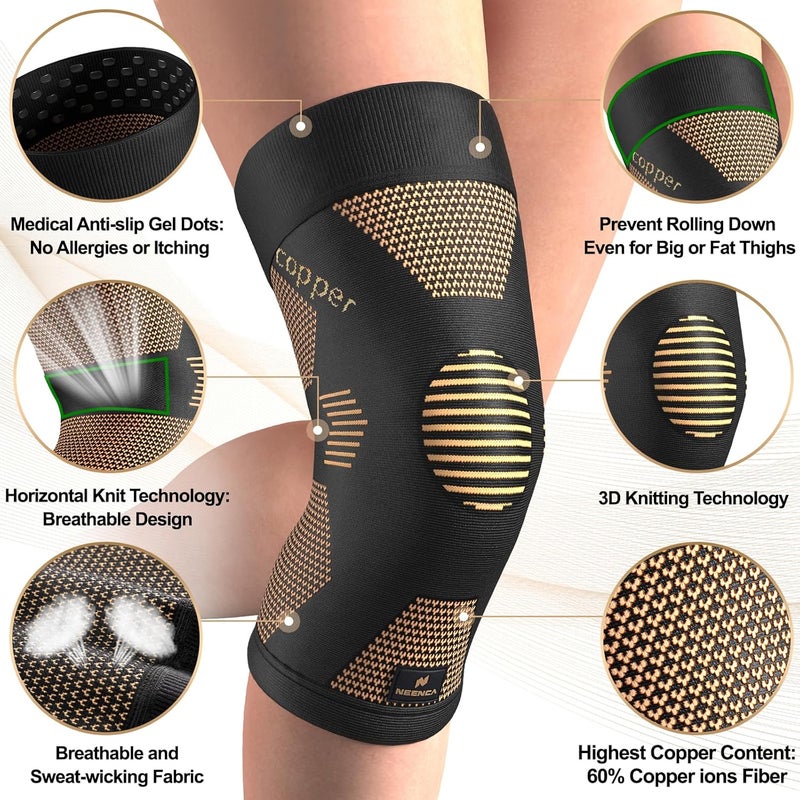 NEENCA Copper Knee Brace for Women and Men, Knee Compression Sleeve for Knee Pain, Arthritis, ACL, Meniscus Tear, Joint Pain Relief, Knee Support for Running, Working Out, Fitness,Weightlifting-Single - Image 2